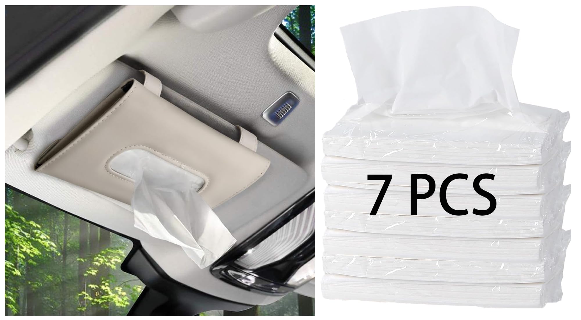 Photo 1 of Car Tissue Holder with 7 Refill, Car Tissues Box, Napkin Case, Tissue Paper Refill, Leather Tissue Dispenser for Cars Visor Beige