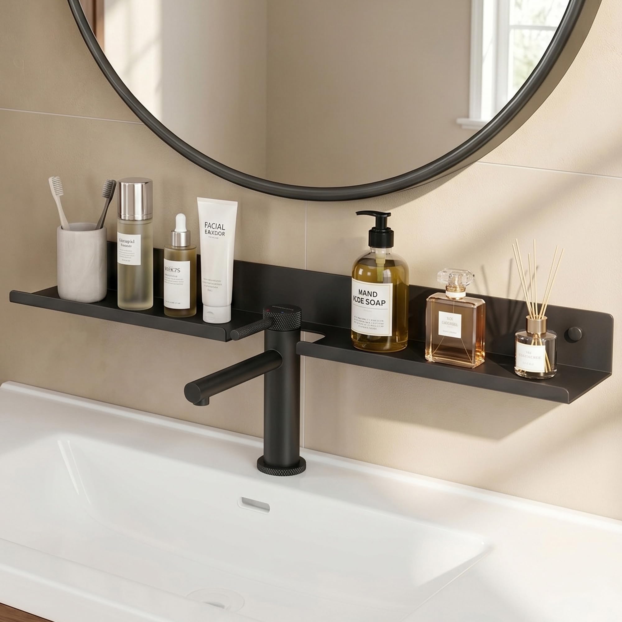 doporro Étagère de Lavabo Murale, Étagère de Salle de Bain au-Dessus du Robinet Gris, Forme U, Adhésive ou Perçage, Support de Rangement pour Lavabo Cuisine, Reglo-17