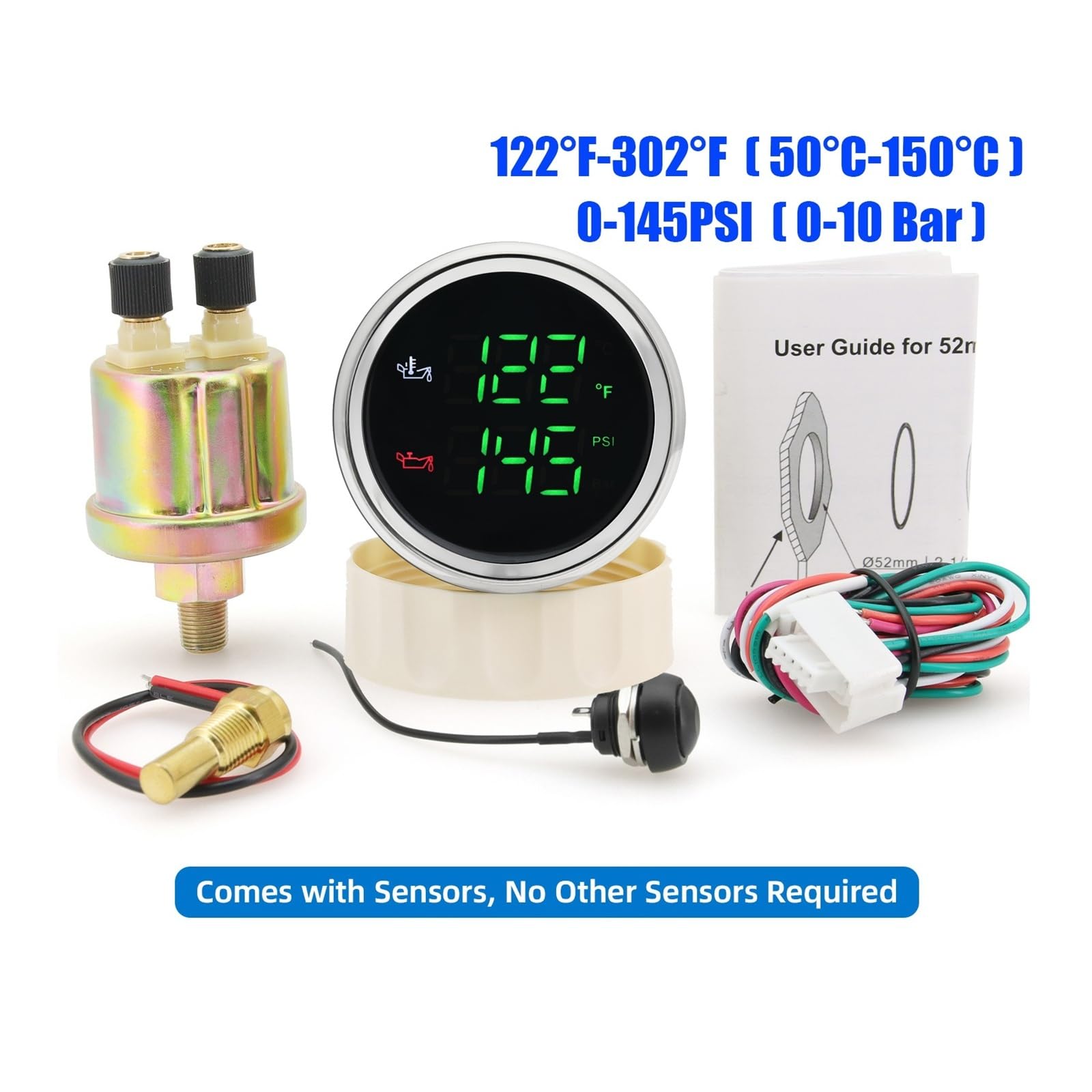 Medidor digital dual de 52 mm for automóvil, temperatura del aceite + medidor de presión de aceite con sensor de alarma, 50-150 ℃, 0-10 BAR rojo, LED verde Alta visibilidad(Green LED BS)