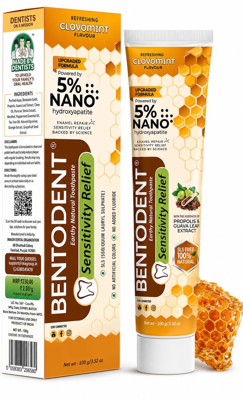 Bentodent Toothpaste - Natural Sensitivity Relief Toothpaste, Clove & Mint With Bentonite Clay & Propolis | SLS-Free, Fluoride-Free,100G-image-7
