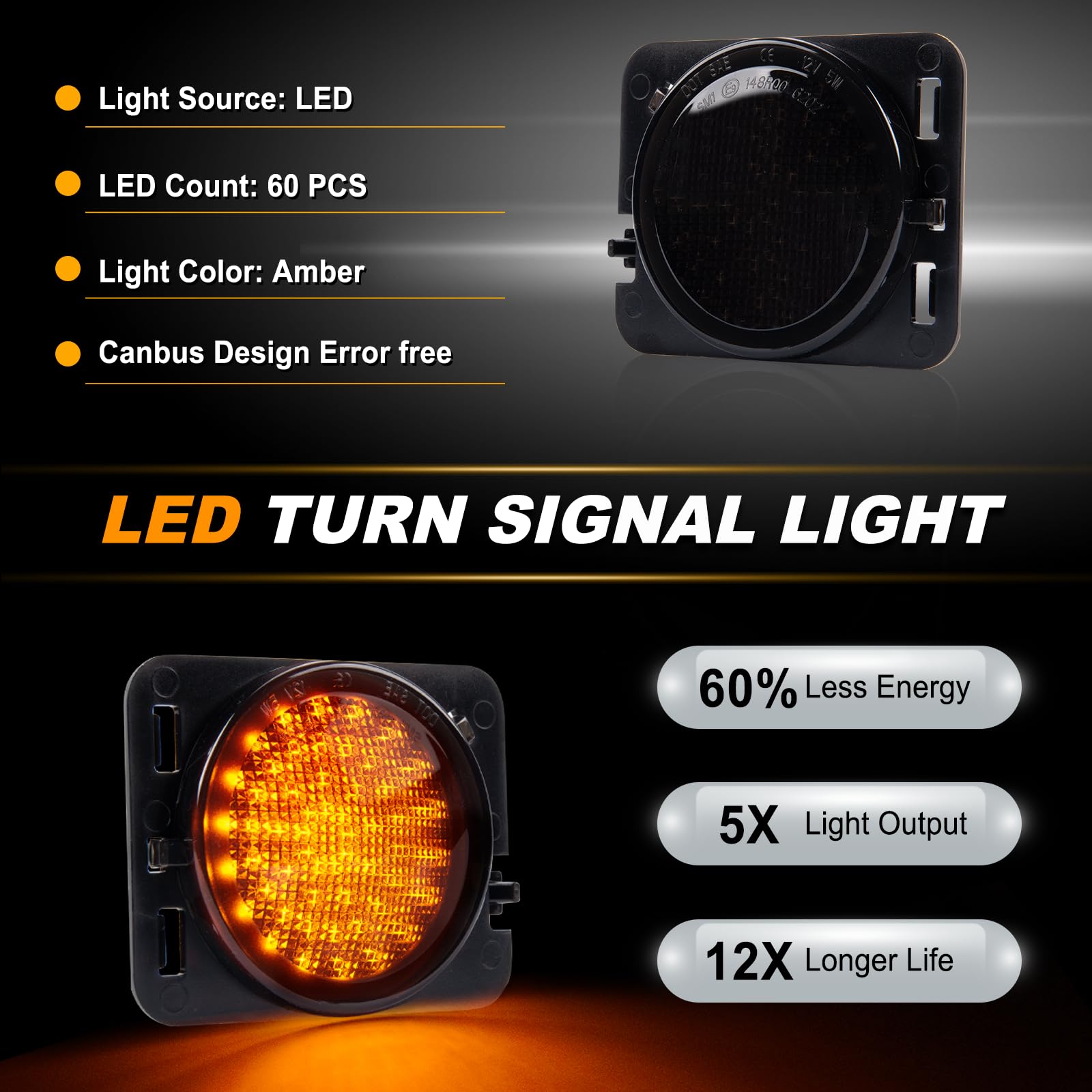 Frecce Laterale a LED per Wrangler JK 2007-2015, Indicatori di Direzione Laterale a LED Canbus, Nero, 2 Pezzi