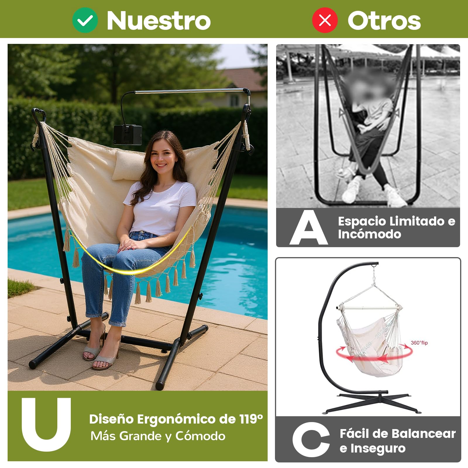 COSTWAY Silla Hamaca con Soporte, Altura Ajustale, Hamaca Jardin Exterior con armazón, Porta Teléfono, Almohada y Bolsillo Lateral, Silla Colgante Interior y Exterior, Máx. 250 KG (Beige)