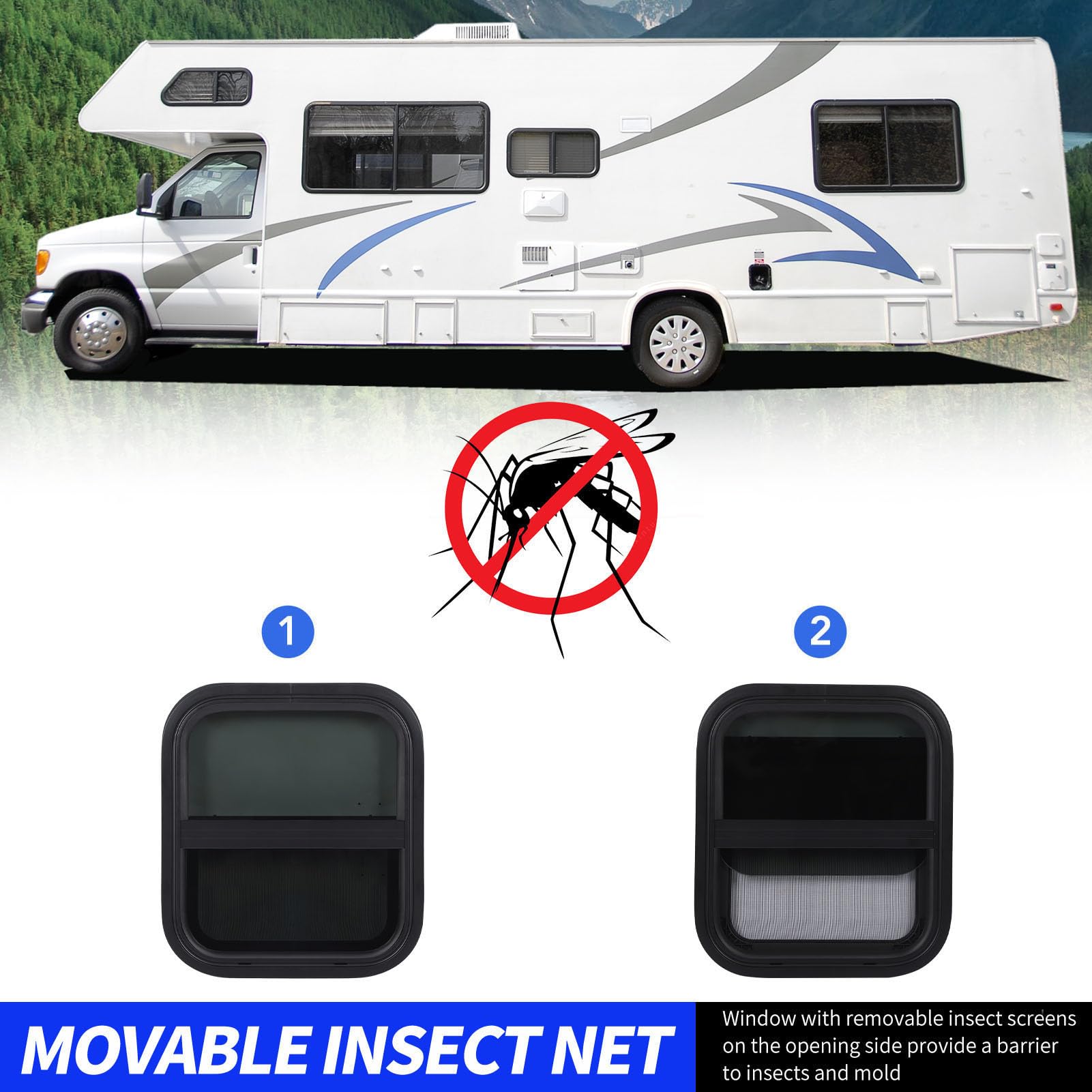 Fenêtre Coulissante Verticale pour Camping-Car, 17,32 X 15,35 Pouces, Fenêtres Coulissantes en Verre trempé pour Remorque avec Moustiquaire, Fenêtre Remplacement Forme Goutte d'eau