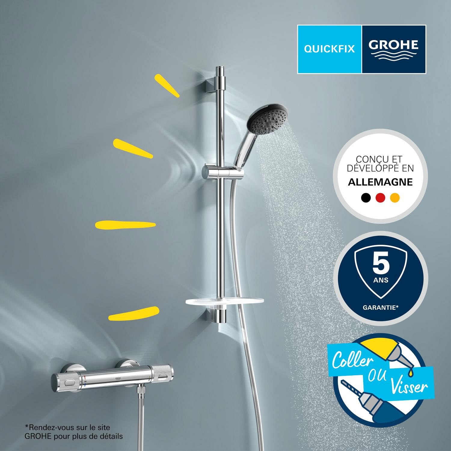 Grohe Precision Feel 34791001 zestaw prysznicowy oszczędzający wodę ~ 8 l/min (3 rodzaje strumienia, CoolTouch – bez oparzeń na termostatze, drążek prysznicowy 60 cm, w zestawie z narzędziami