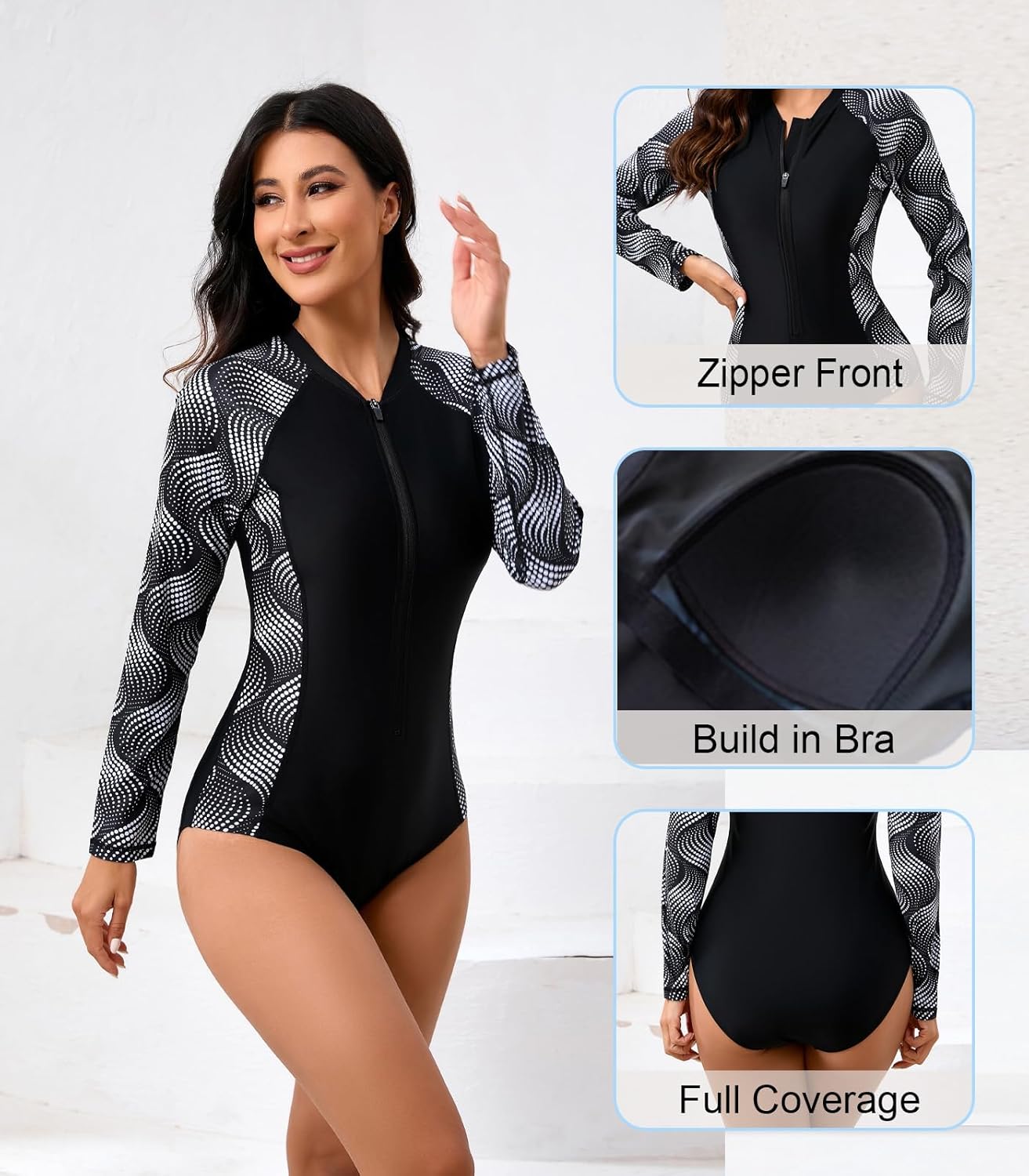 Halcurt Women's One Piece Rash Guard with Built in Bra UPF50+ Zip Long Sleeve Surfing Athletic Swimsuit