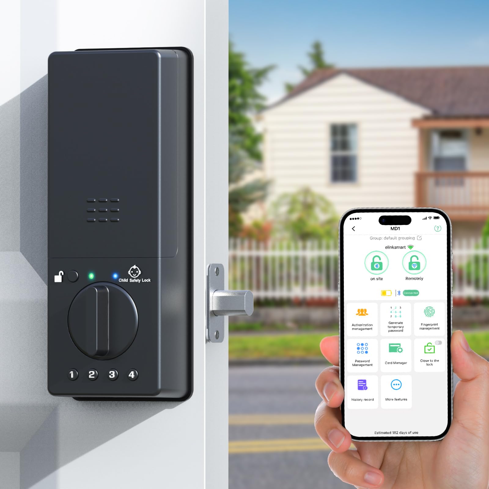 Child Safety Deadbolt Lock – Extra Keypad Code Required to Unlock from Inside, Fingerprint Smart Lock with PIN Code, RFID Card, WiFi App Remote Control, 10000mAh Battery, Front Door