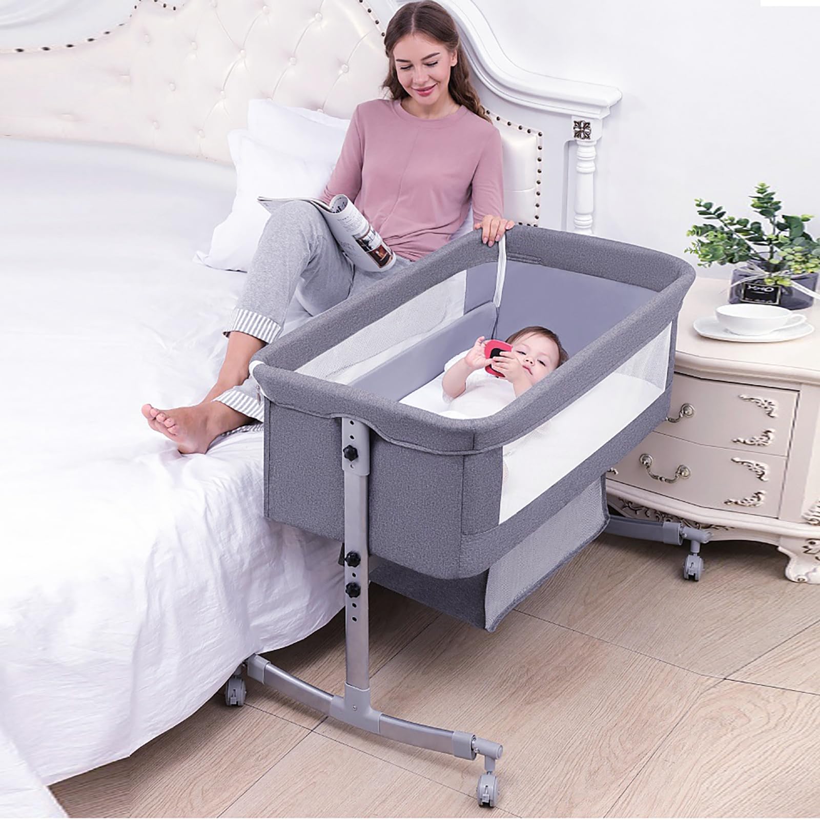 Cuna con Colchón Cama Bebe Tejido de Malla Transpirable, Regulable en Altura en 4 Posiciones y Reclinable, Plegado Fácil, con Ruedas y Cesta de Almacenamiento para los 0-2 años Bebe