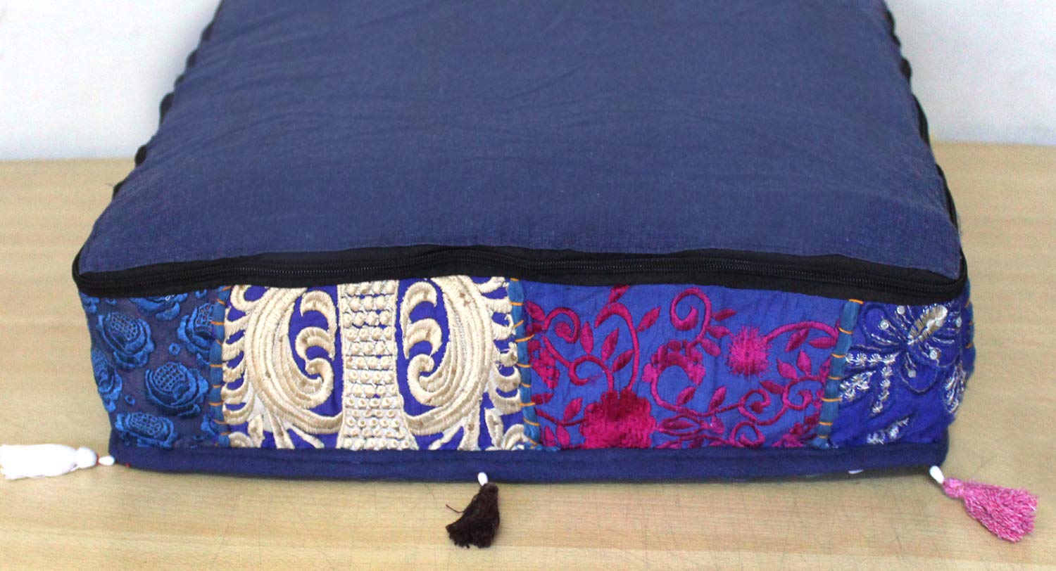 CRAFT KALA Indian Square Patchwork Traditional Pouf Cover Indian Living Room Poufs Decorative Embroidered Designer Ottoman Home Living Footstool Chair Cover Decor Pillow Cover 16x16x5 inches, Blue