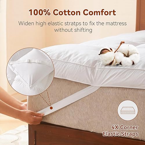 Vista 6 de Cubrecolchón de plumas de ganso blanco de 3 pulgadas, Cubrecolchón de plumas tamaño King, Funda de colchón con correas, Pillowtop ultrasuave, Tela