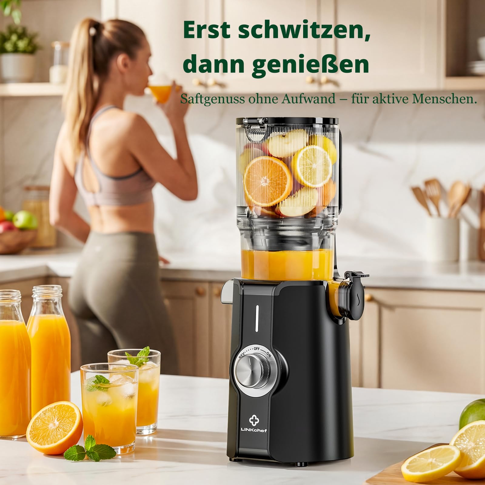 LINKChef Entsafter Slow Juicer, 115 mm Große Einfüllöffnung für Entsafter Gemüse und Obst Testsieger, Kaltentsafter 200W, BPA-frei, Einfach zu Reinigen und Montieren, Schwarz