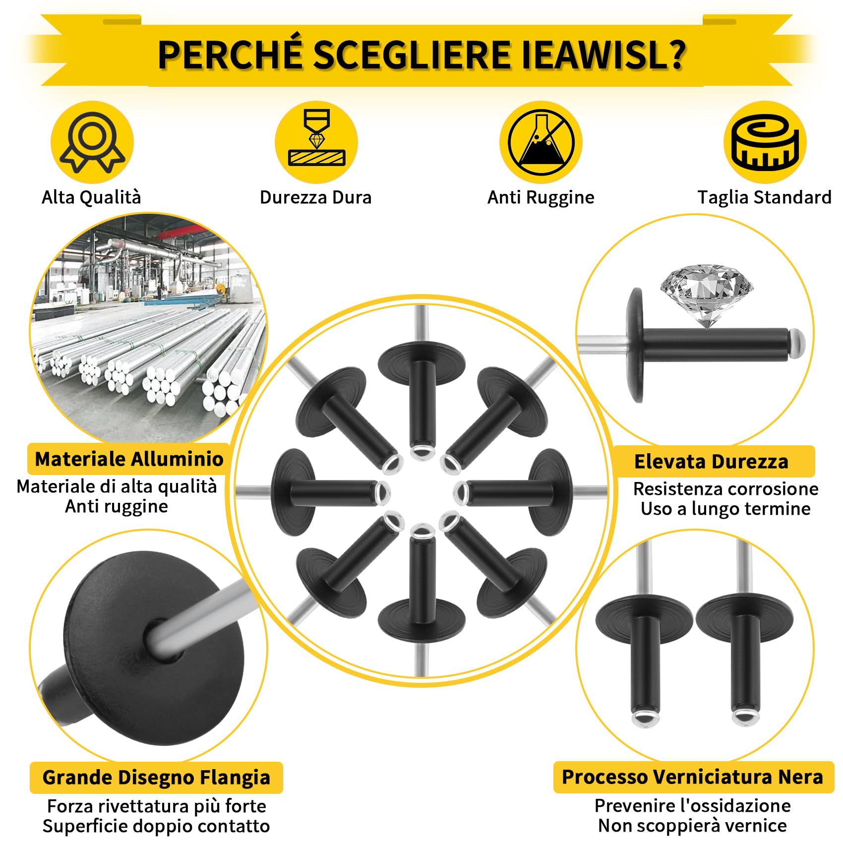 200 Rivetti Ciechi In Alluminio | Flangia Larga | M3.2/M4/M4.8 | Per Fai Da Te, Auto E Navi | Nero/Argento - Foto 10