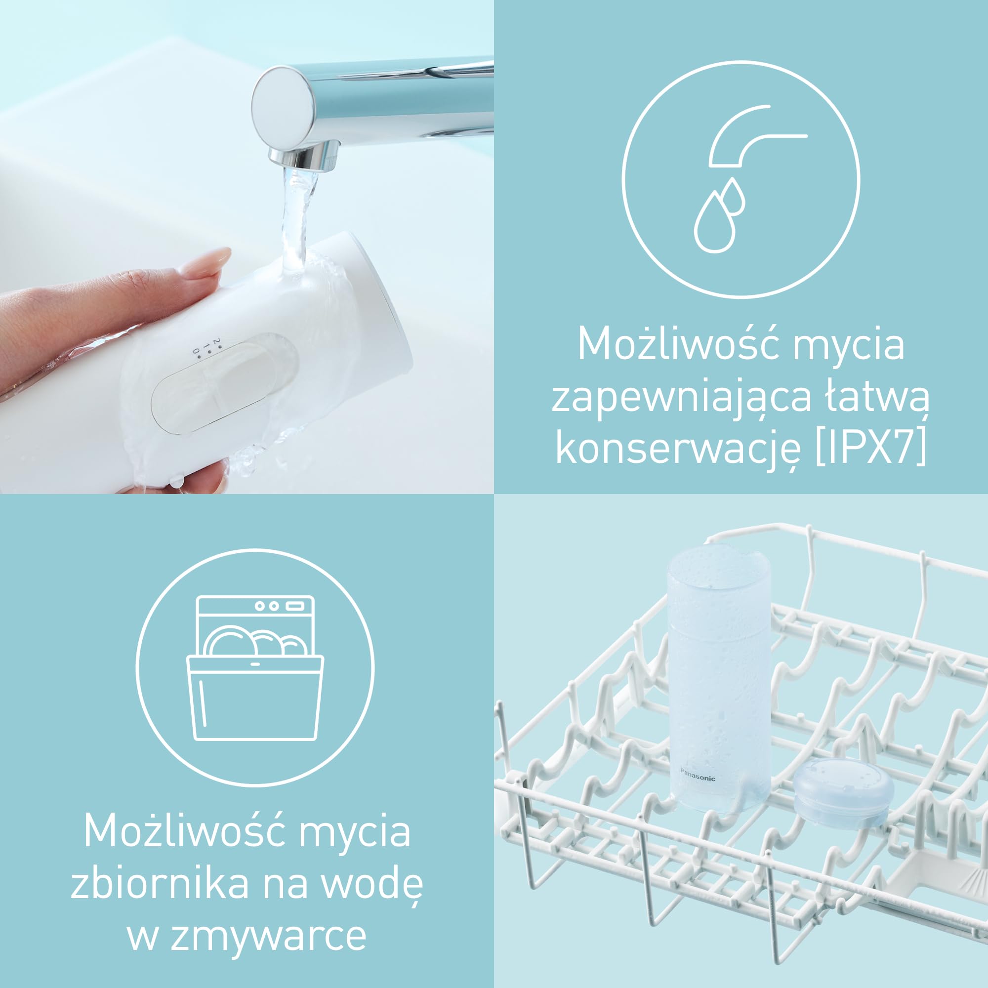 Panasonic EW-DJ11 podróżny irygator do zębów na baterie (zbiornik na wodę 150 ml, 35 s pracy, 2 poziomy ciśnienia strumienia wody), biało-niebieski