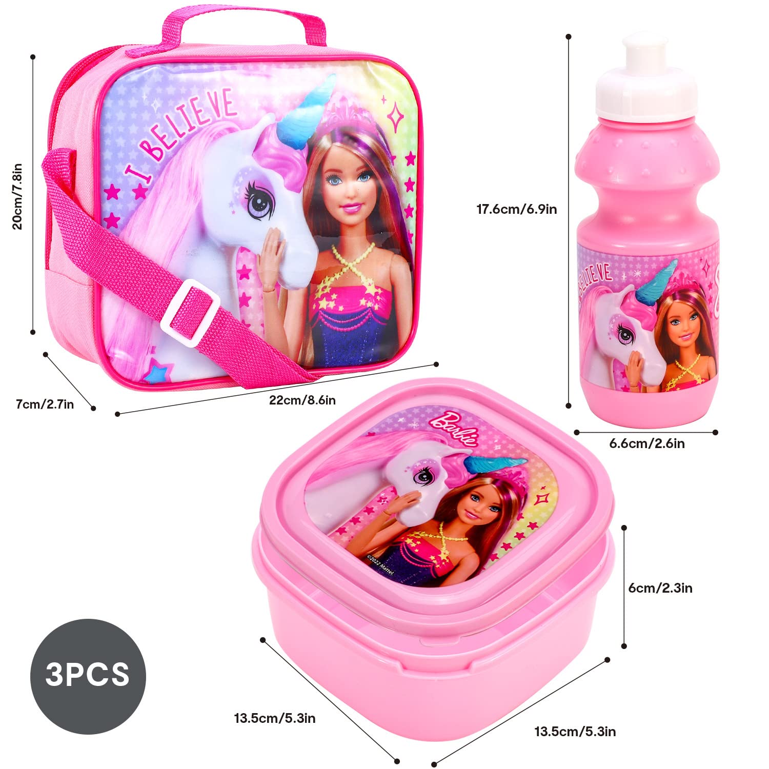 Barbie Magic Unicorn Girls borsa termica per il pranzo, contenitore per sandwich e bottiglia, set per scuola e viaggio