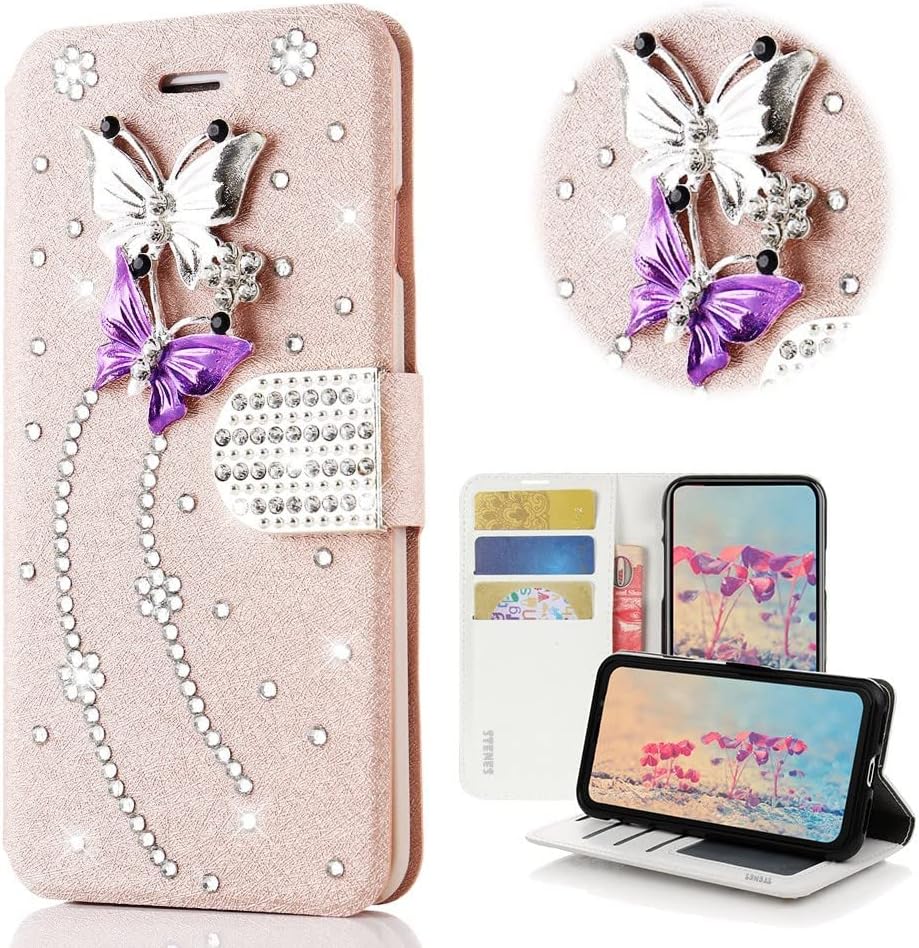 STENES Bling Wallet Phone Case Compatible with Samsung Galaxy A12 Case - Stylish - 3D Handmade Dance Butterfly Design Leather Cover with Screen Protector & Neck Strap Lanyard - Pink