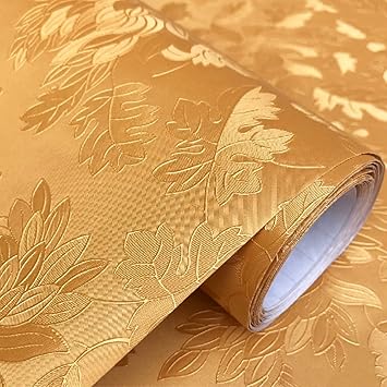 HOMEMATES Self-Adhesive Wallpaper Waterproof Old Furniture Vinyl Stickers Wooden Door Wardrobe Desktop PVC Wall Papers 45 X 304 CM (Rich Golden Wallpaper) - image, photos
