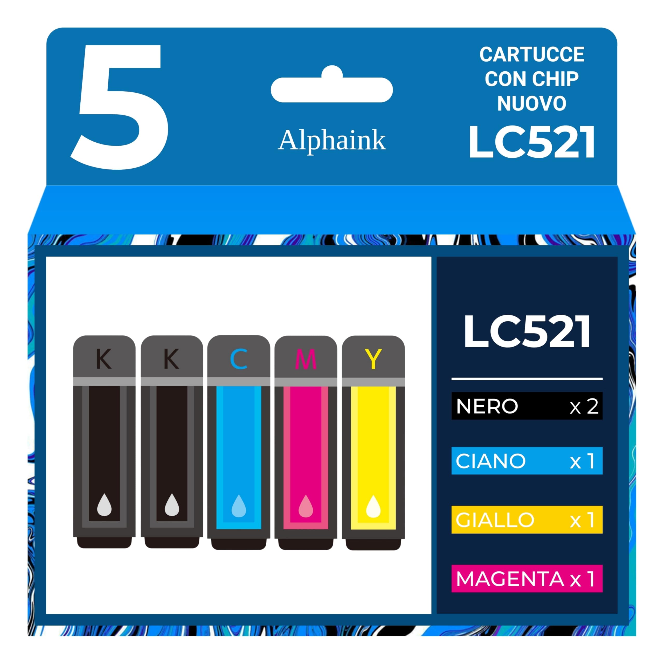alphaink 5 Cartucce LC521 Compatibili per Brother DCP-J1260W, DCP-J1310DW, DCP-J1360DW, DCP-J1460DW • 2 Nero + Ciano Magenta Giallo • 500 pagine