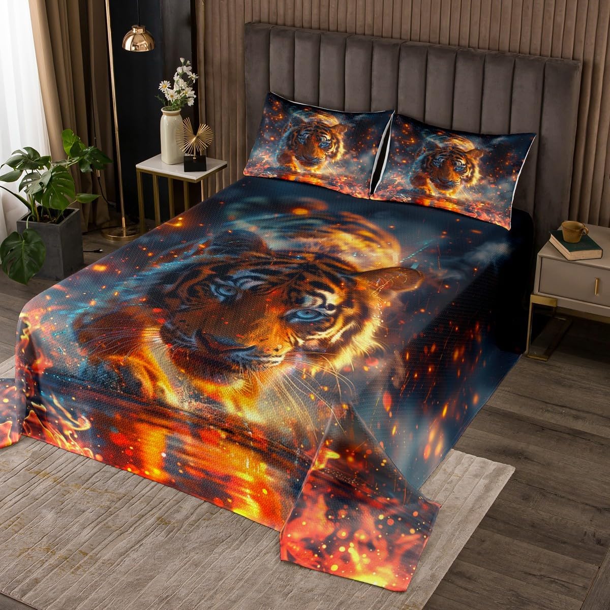 Homewish Fire Tiger Bedspread Queen Size,Orange Glitter Wild Animal Bedding Set for Kids Boys Girls Room Decor,Fierce Wildlife Quilt 3Pcs,Nature Vivid Tiger Modern Soft Bed Sheet,2 Pillowcases