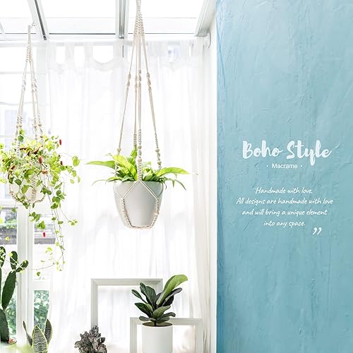 Miniatura 8 de Mkono Paquete de 3 perchas de macramé para plantas y ganchos de techo, cesta colgante de diferentes tamaños para macetas con cuentas sin borlas,