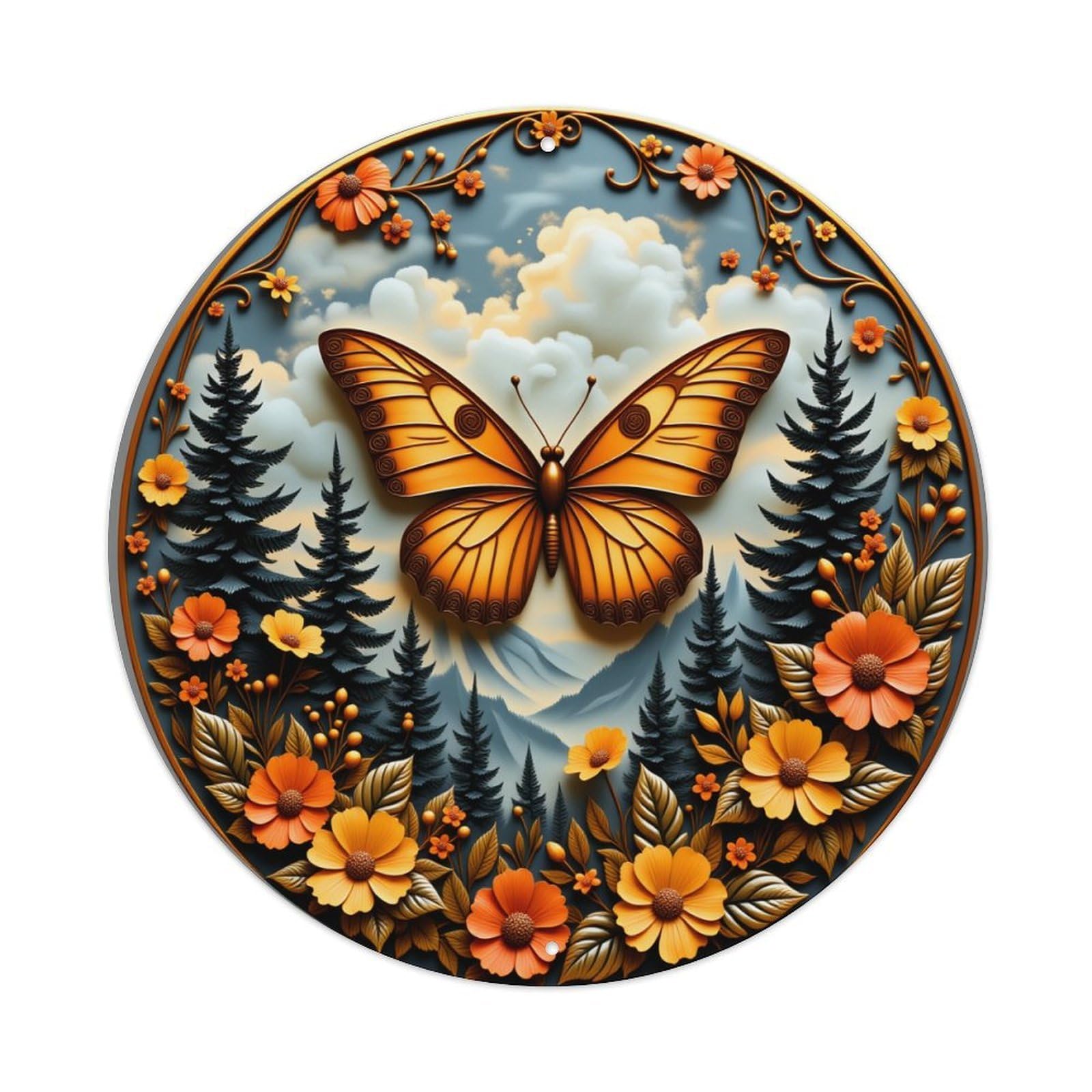 Butterfly Mountain Flower Forest Sky Vintage Metal Tin Sign Retro Wall Decor for Home Bar Garage Cafe, Indoor & Outdoor Decorative，circle Metal Poster, 8x8 Inch
