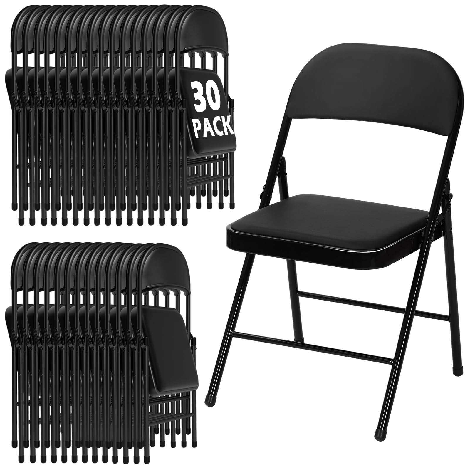 30 Pack Black Folding Chairs with Padded Cushion and Metal Frame