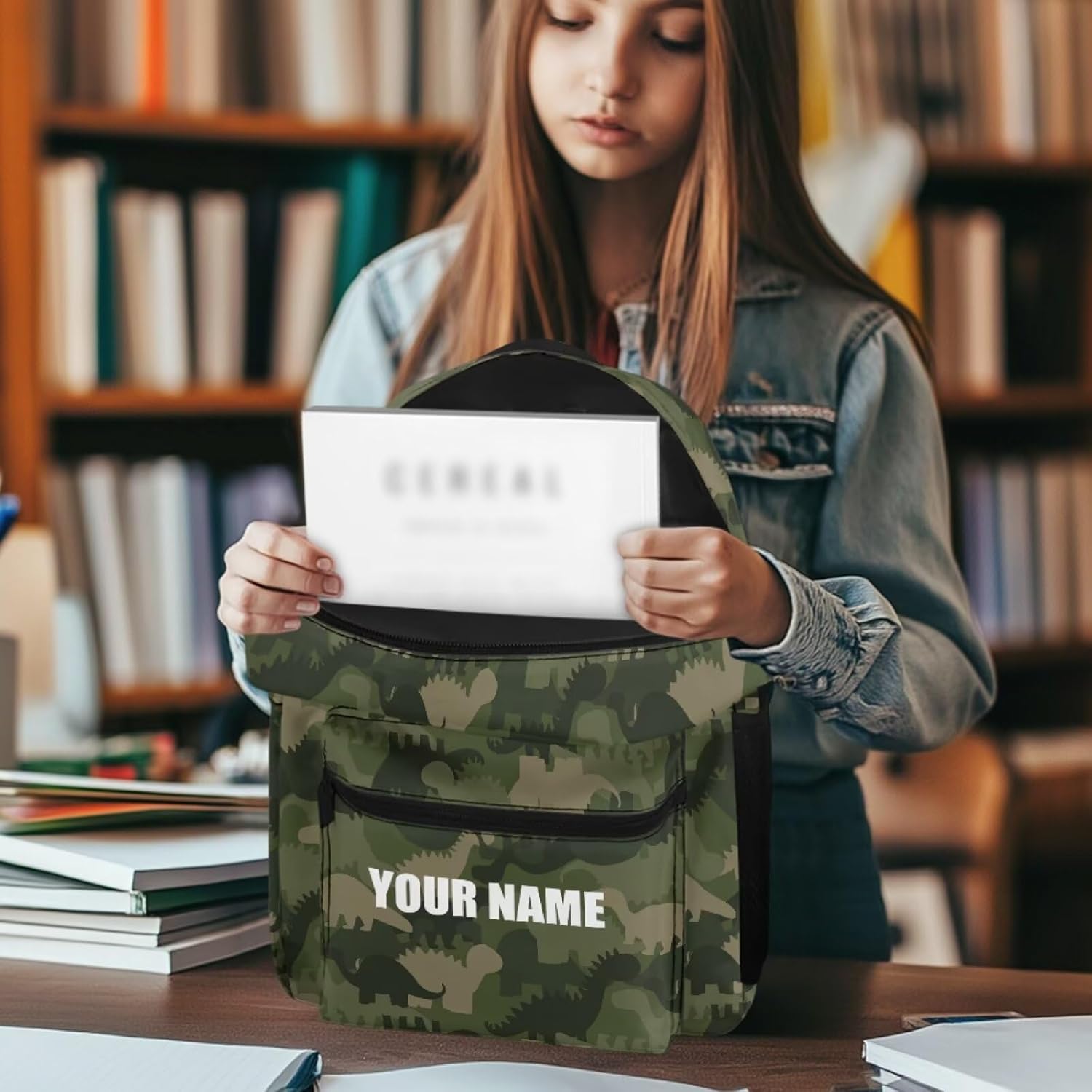 Cute Dinosaur Camo Custom Kids Backpack with Lunch Box Set, Personalized Name School Bags Bookbag Lunch Bag for Boys Girls