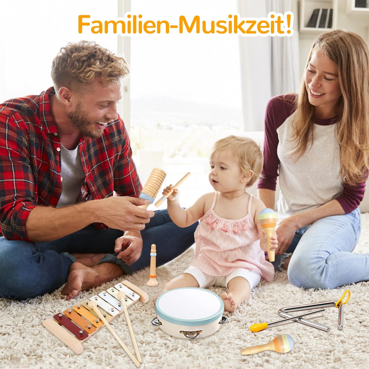 8-in-1 Montessori Musikinstrumente Kinder ab 1 Jahr, Holzspielzeug mit Xylophon, Trommel, Triangel, Maracas, Flöte, Baby Musikspielzeug, Kinderschlagzeug ab 2 3 Jahre, Lernspielzeug für Jungen Mädchen