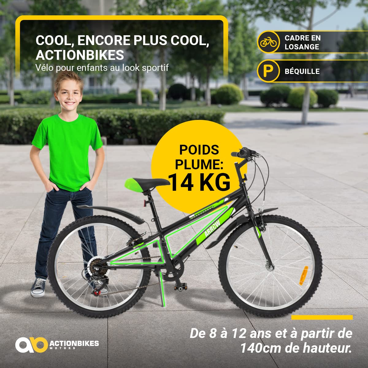 Actionbikes Motors Vélo Enfant Arrow - 20 24 Pouces - Vélo pour Filles et garçons - VTT - De 6 à 12 Ans - 6 Vitesses - Frein V-Brake - Garde-Boue Avant et arrière - Vélos pour Enfants