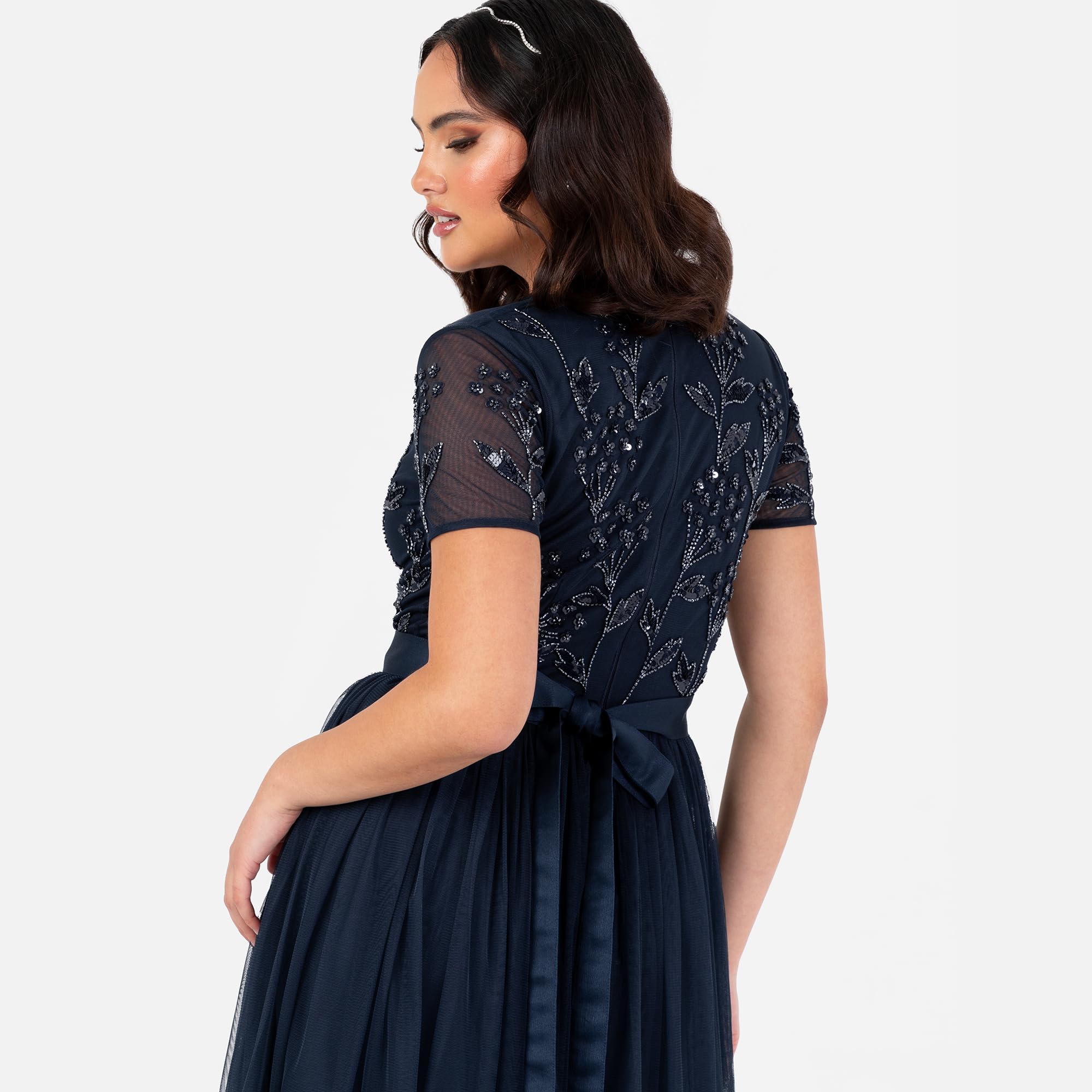 Maya Deluxe Damska sukienka Maxi Damska Kwiatowy Cekin Upiększony Dekolt w serek Krótki rękaw Tiul Sash Tie Belt Empire A-Line Druhna, Granatowy 38, granatowy, 36