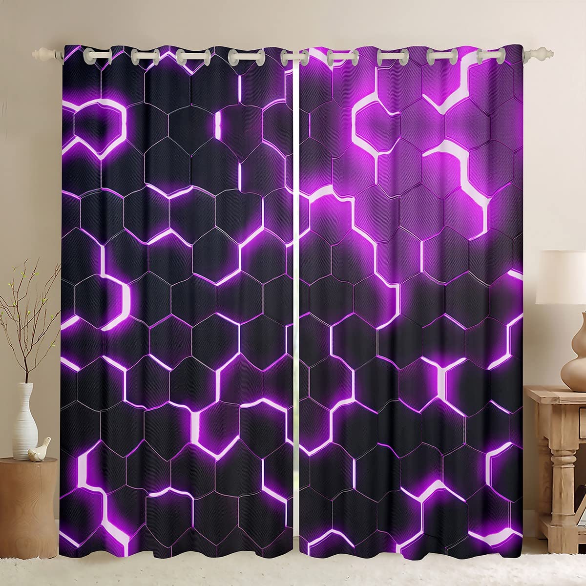Homemissing Boys Multicolored 13217 3D Honeycomb Curtains For Bedroom Hexagon Window Treatment Glitter Window Drapes Purple Window Draperies For Kids Girls Adults W46*L54