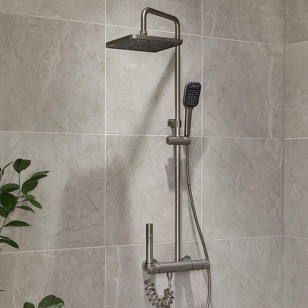 Vetrineinrete® Set colonna doccia termostatica 4 vie soffione grande doccetta rubinetto idroscopino miscelatore con ripiano integrato design moderno grigio scuro
