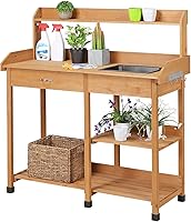 Yaheetech Outdoor Potting Bench with Sink, Drawer & Shelves - Solid Fir Wood Garden Work Station for Planting & Horticulture