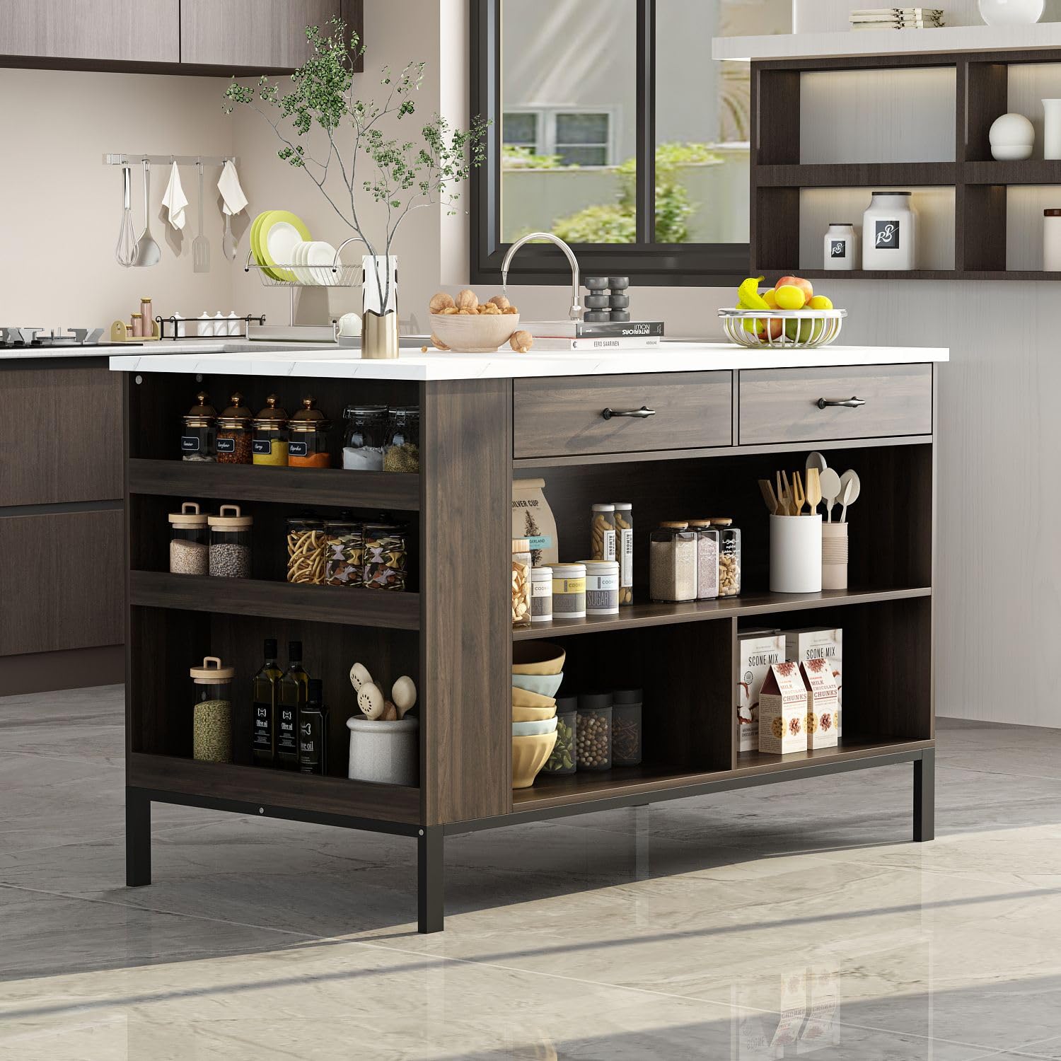 Buy DiDuGo Stationary Kitchen Island with 2 Drawers & Open Shelves