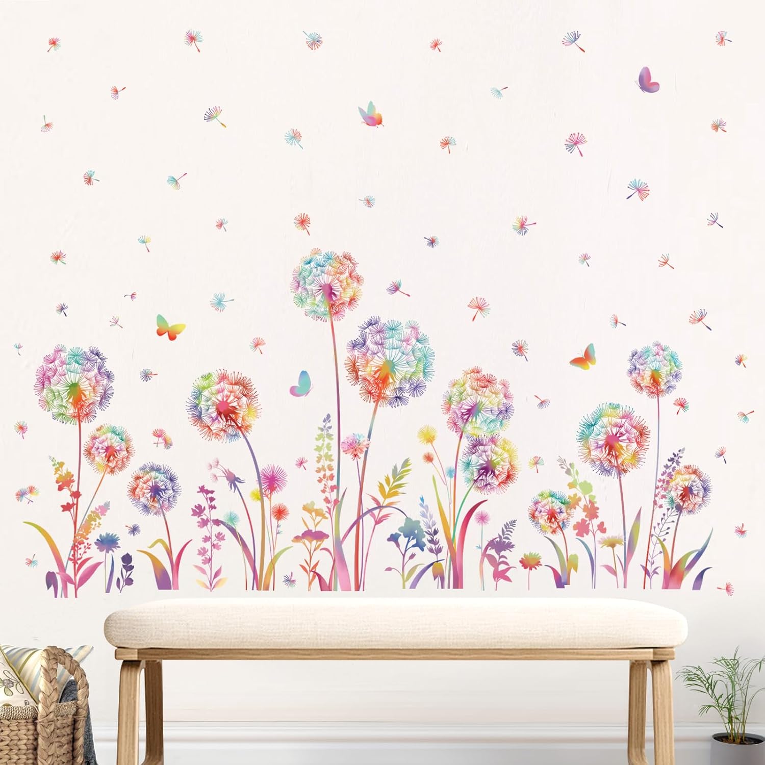 decalmile Colorful Dandelion Flower Wall Decals Flying Floral Butterfly Wall Stickers Living Room Bedroom Nursery Wall Decor