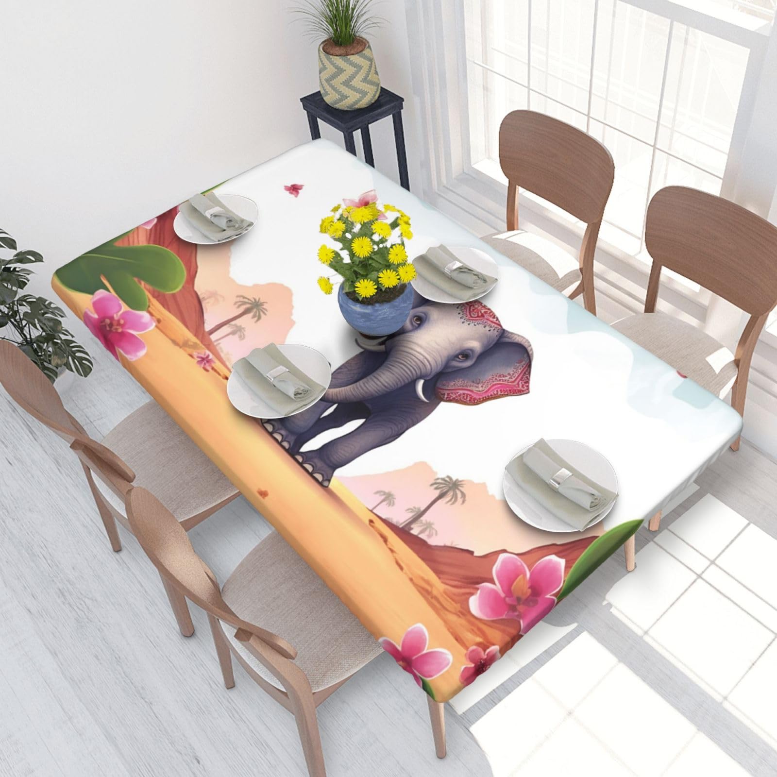 Lucky Elephant Waterproof Square Table Cover Elastic Fitted Tablecloth Oil Proof Table Protector For 4ft Table