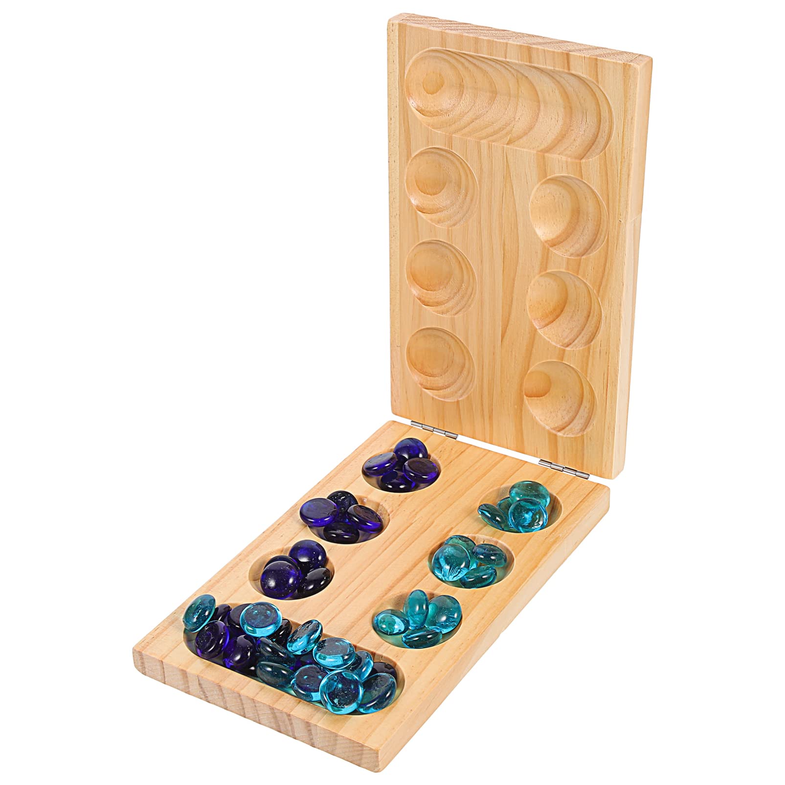 Toyvian Mancala Board Game Toy Set: Marble Game with Wood Board Color Glass Stones Storage Bag Hardwood Folding Game Board for the Whole Family