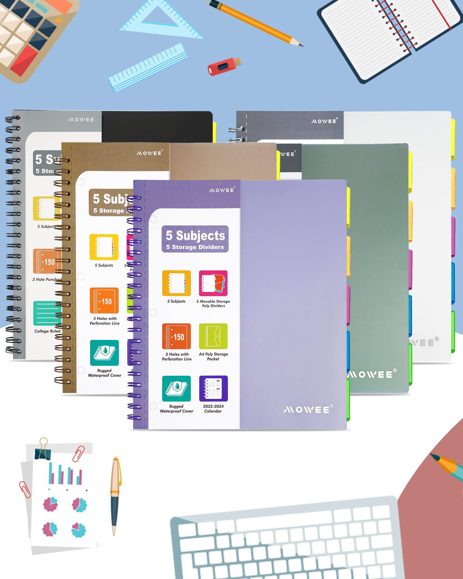 Carnet 5 sujets – Carnet à spirales, carnet ligné avec poche de séparateurs, onglets, règle de 27,9 cm, 300 pages, pour journal d'écriture, maison et bureau, fournitures scolaires, 21,6 x 27,9