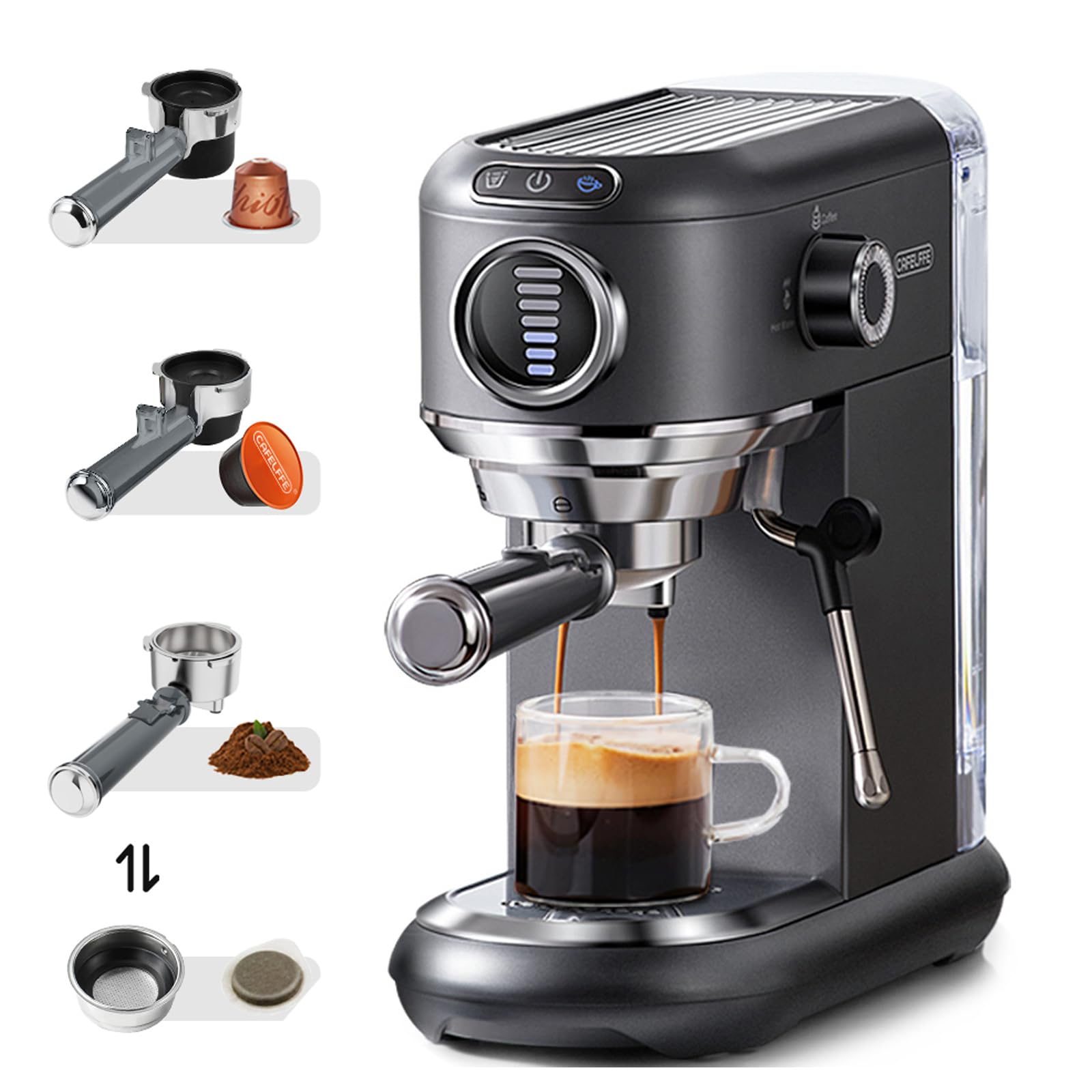 CAFELFFE MK-601F ekspres do kawy 4 w 1, kompatybilny z Nes Original, DG, ESE i kawą mieloną, 19 bar, z parzeniem na gorąco/zimno, zbiornik 1,1 l