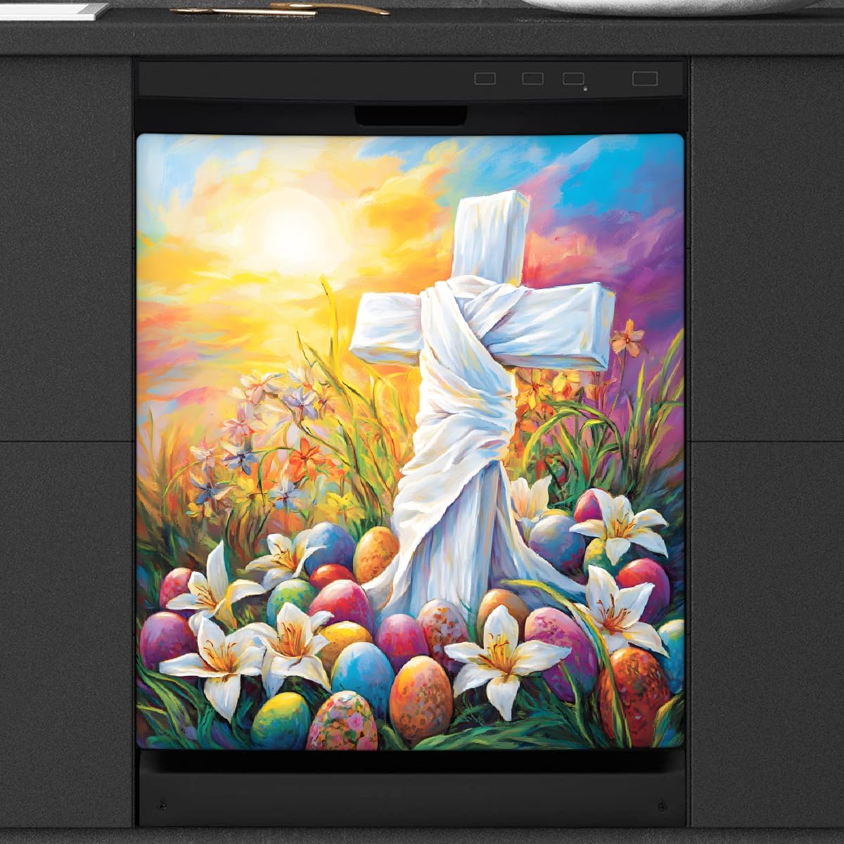 Dishwasher Magnet Cover Easter Cross Colorful Lily Egg Front Dishwasher Cover Decorative Refrigerator Reuseable Home Cabinet Appliances Stickers 23 x 26 inch