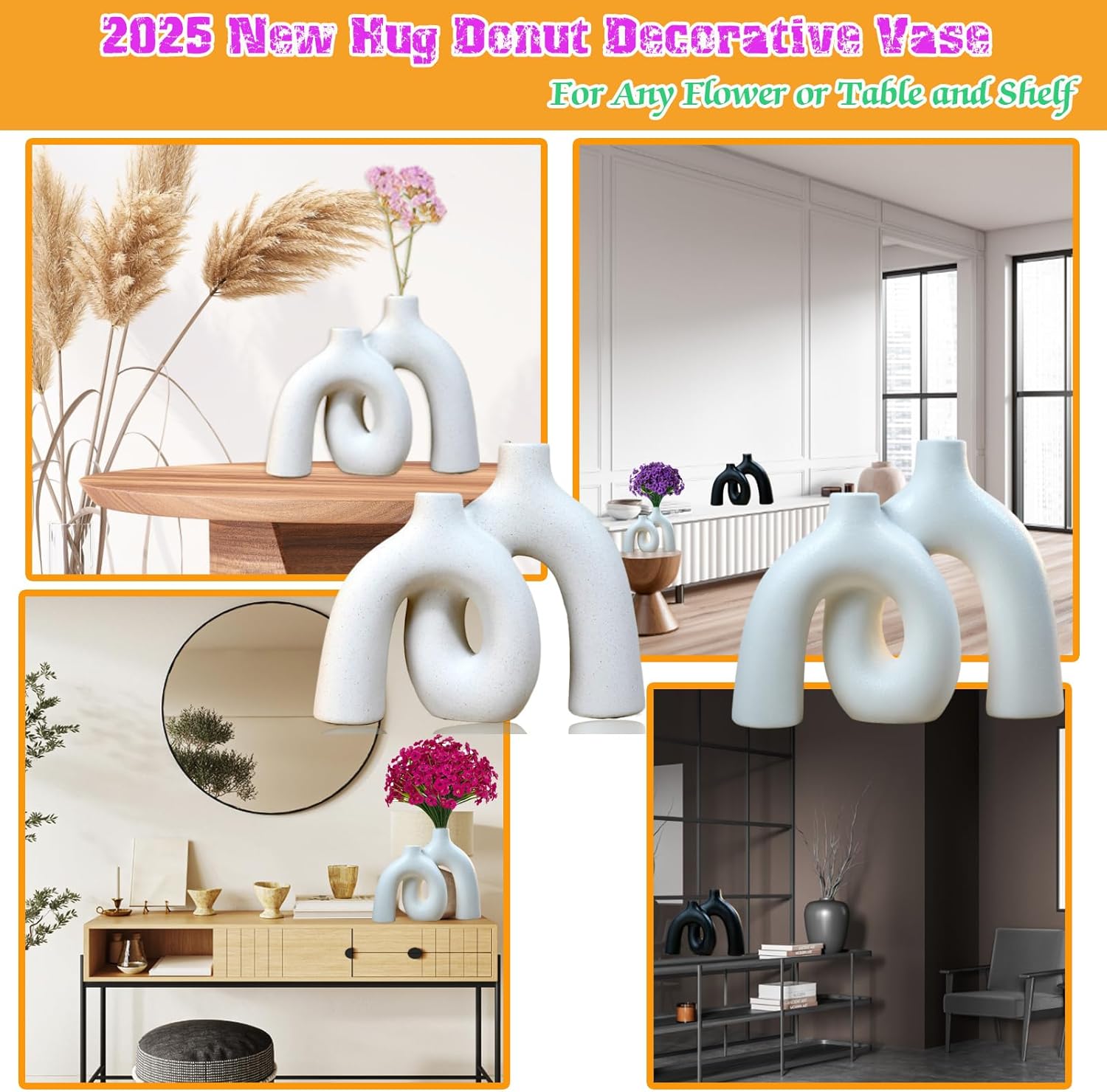 Hug Donut Vase Set-Ceramic Vases Home Déco, Modern Coastal Nordic Boho Style Decorative Vase for Dining Room Living Room Coffee Table Entrance Console Fireplace Shelf Kitchen. (ash-Colored)