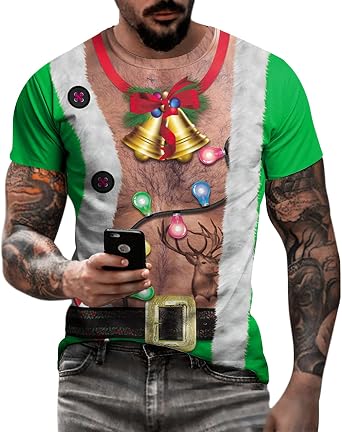 Eciodci Mens Ugly Christmas T-Shirts 3D Printed Xmas Lights Reindeer Tuxedo Holiday Funny Novelty Short Sleeve Shirt for Men