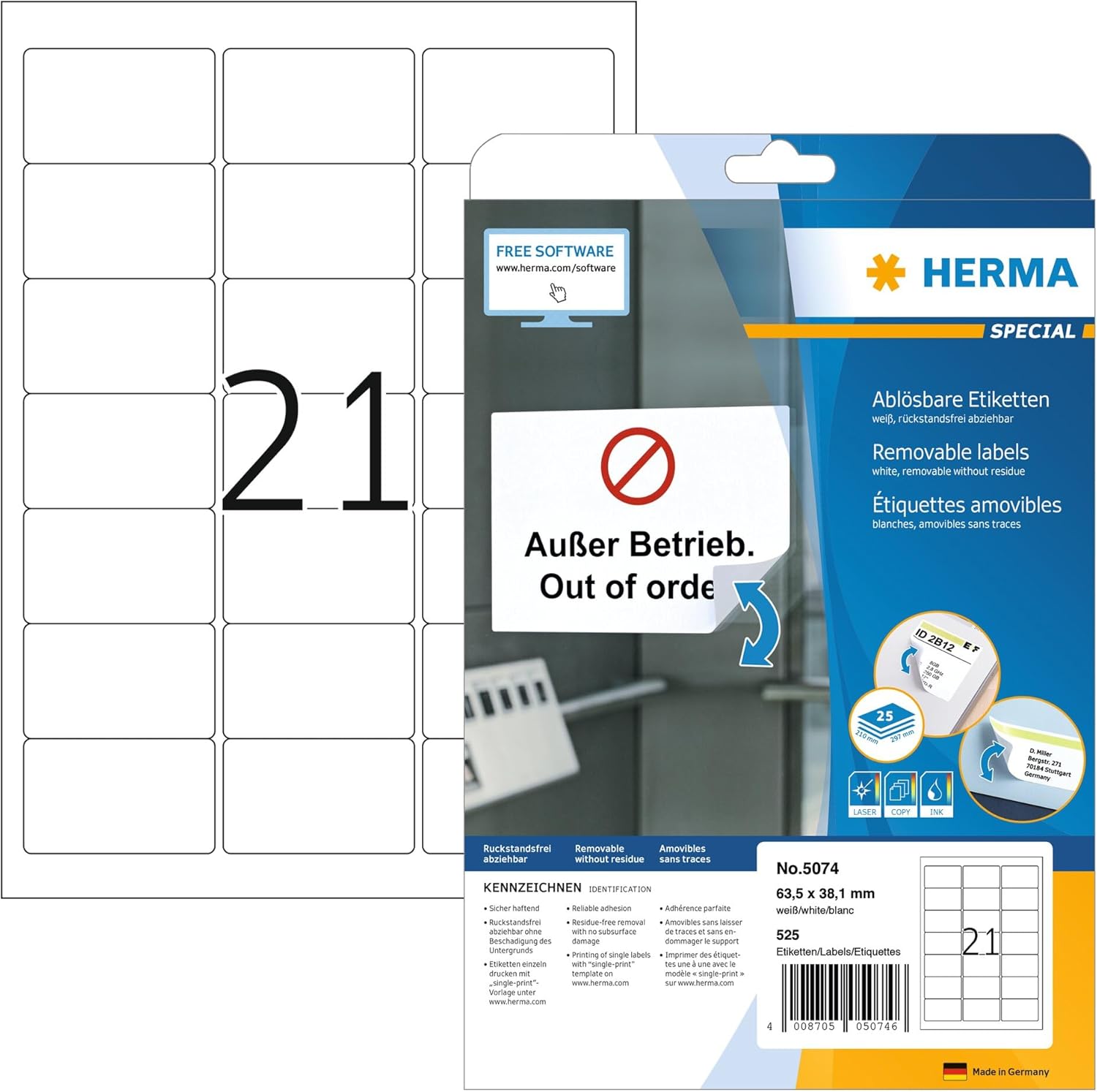 HERMA 525 White Removable Labels, 63.5 x 38.1 mm, A4, 25 Sheets, Multipurpose, Inkjet & Laser Printer Compatible
