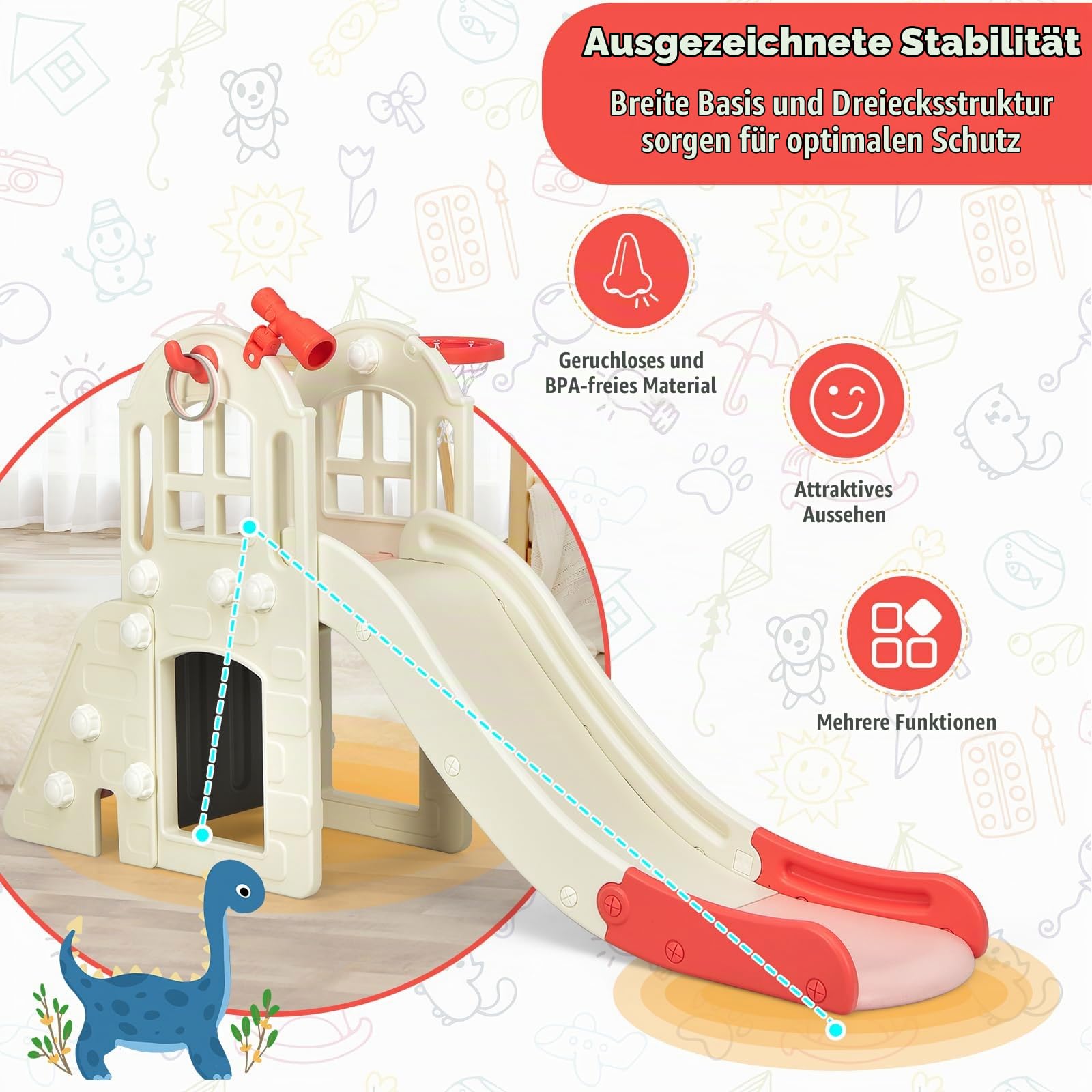 HOMASIS 6 in 1 Kinderrutsche Indoor & Outdoor, Kinder Rutsche mit Basketballkorb, Kletterleiter, Ringwurf, Tunnel, Teleskop, Babyrutsche Spielplatz Gartenrutsche für Kinder ab 3 Jahren (Rosa)