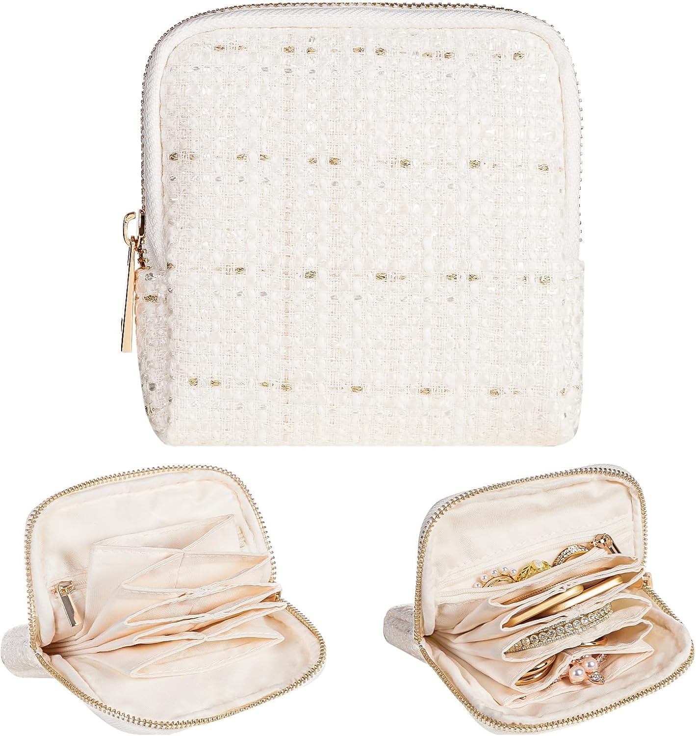 Women Travel Jewelry Case: Soft Bag with 5 Pouches for Ring Earring Necklace - Christmas and Birthday Gifts Choice (White)