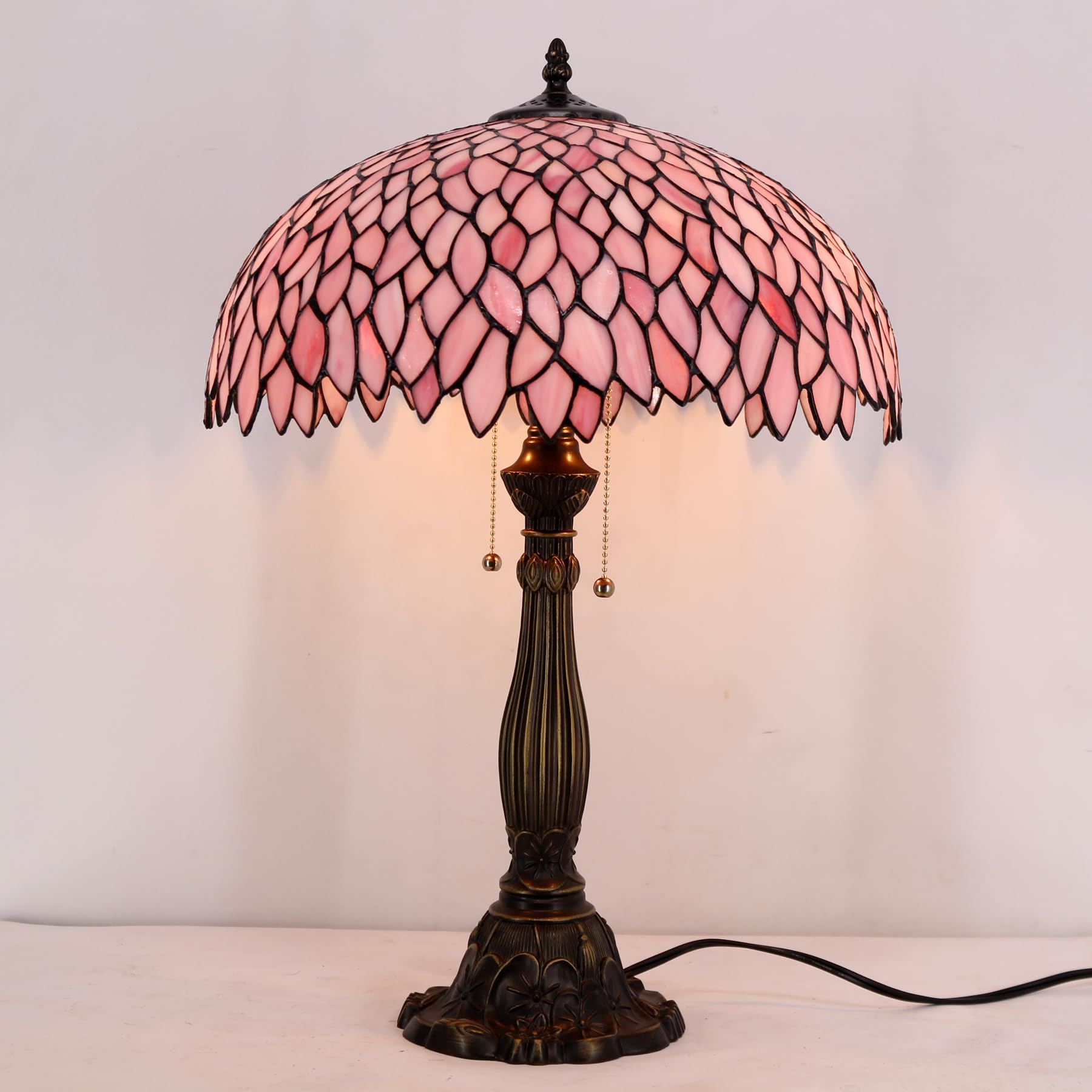 WERFACTORY Tiffany Lamp Stained Glass Style Bedside Table Lamp Pink Wisteria Desk Reading Light Resin Base 16X16X24 Inches — view 3