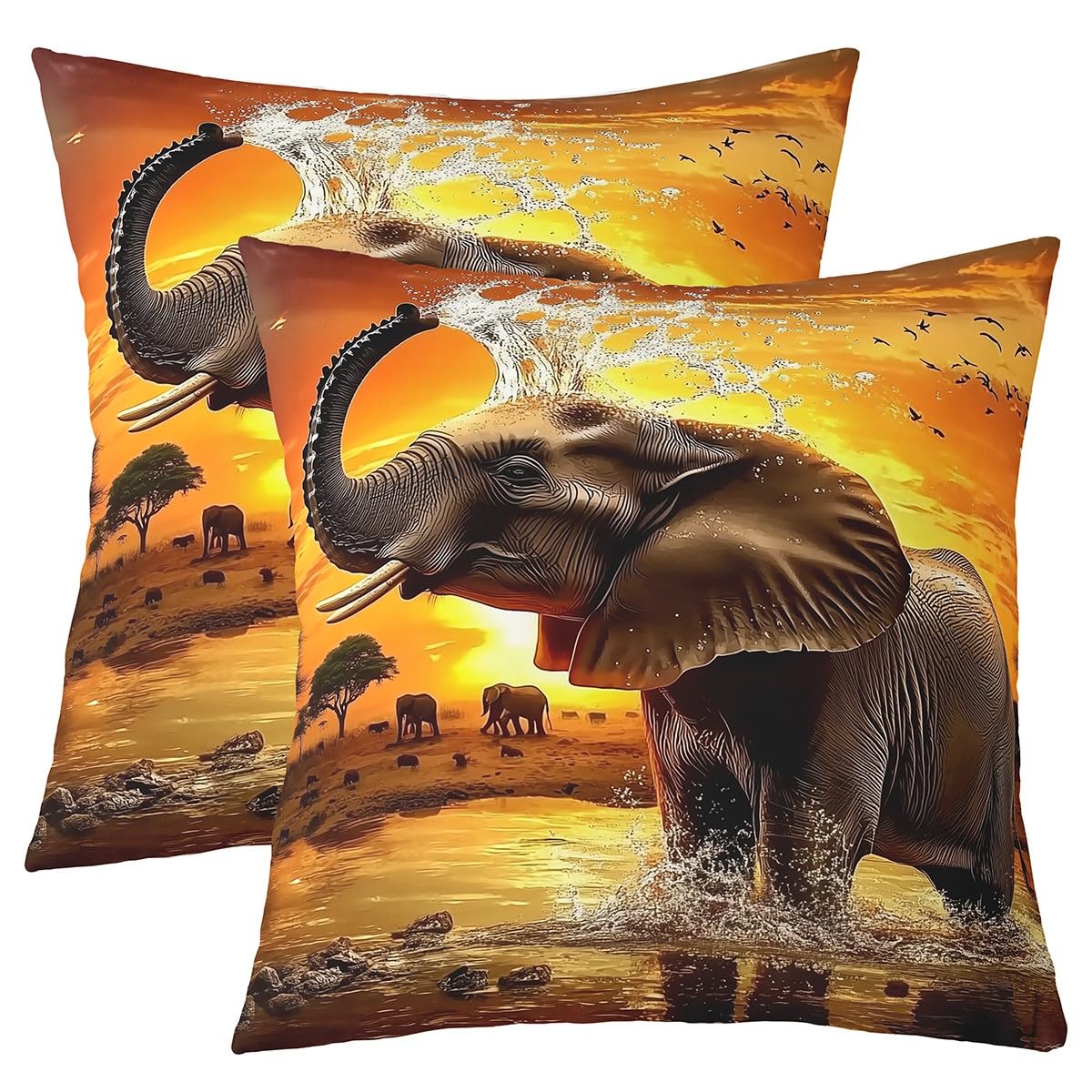 Homewish Kissenbezüge Set von 2 60x60cm 3D Elefant Kissenbezug Orange Afrikanischer Elefant Kissenabdeckungen werfen Ethnischer Wildtierdruck Dekorative Kissenbezüge Exotischer Stil Natur Thema