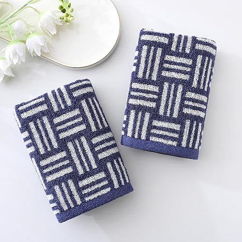 Miniatura 4 de YiLUOMO Juego de 2 toallas de mano azules con patrón de rayas blancas, súper suaves, 100% algodón de rizo ultra absorbentes, de secado rápido, 13 x
