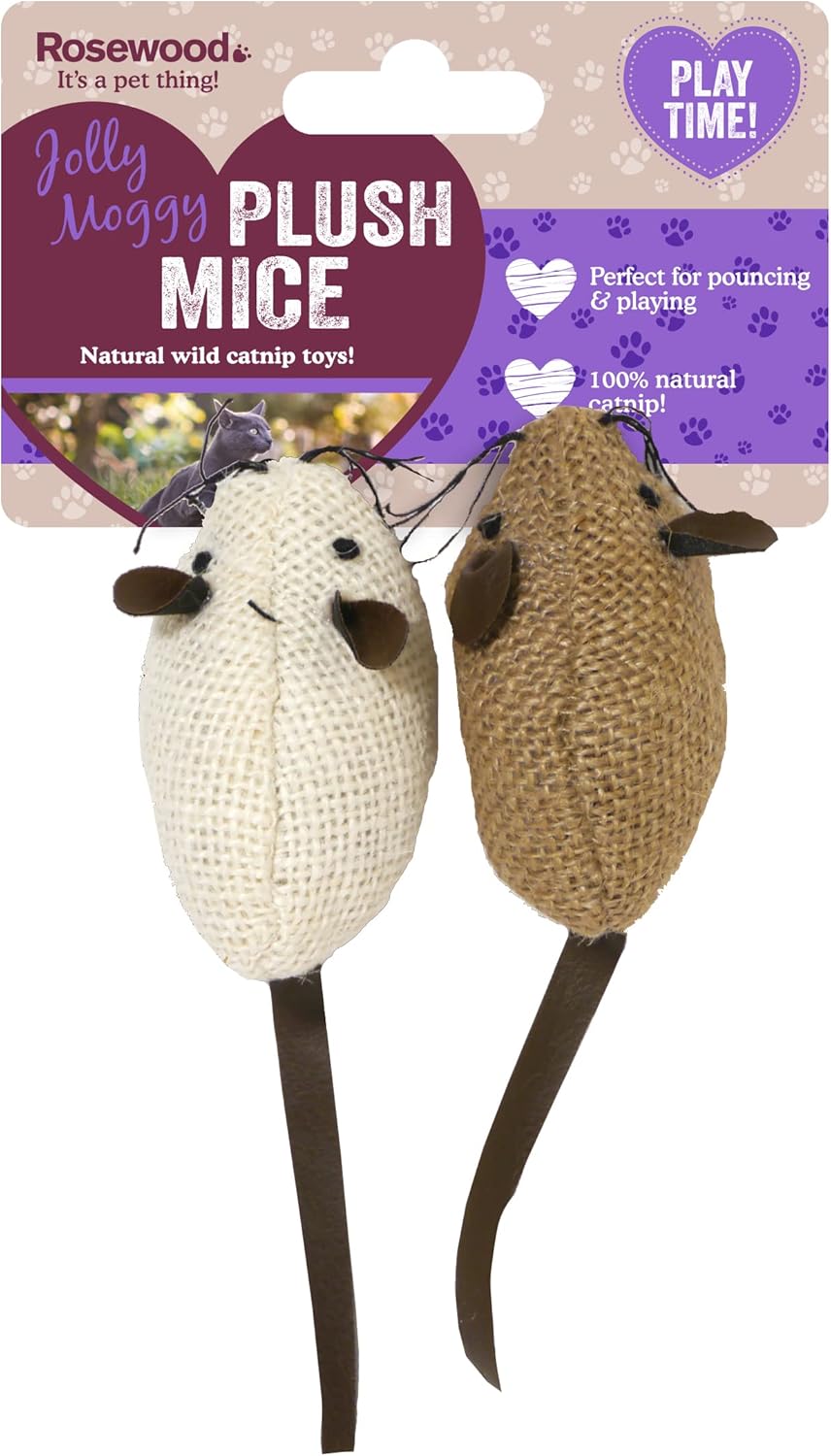 Rosewood Jolly Moggy 100% Natural Catnip Mice, Cat Toy, Pack of 2 – Premium Plush Catnip-Infused Mice for Engaging Play & Stimulating Hunting Instincts