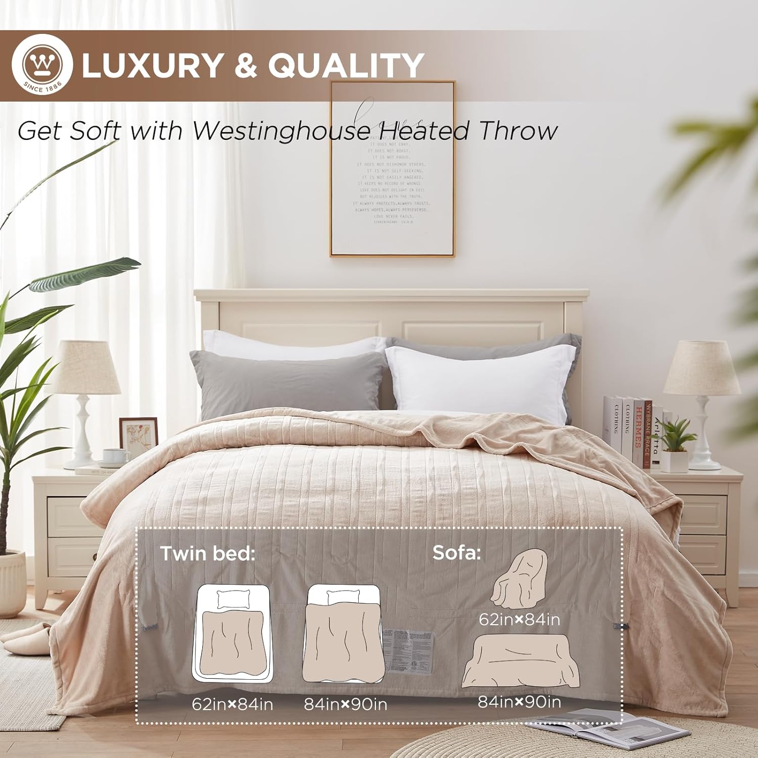 Westinghouse Heated Blanket, Electric Throw Blanket with 10 Heating Levels, 12 Hours Auto Off, Overheat Protection, Machine Washable, Flannel (Twin, 62x84 Inches, Beige) - Image 5