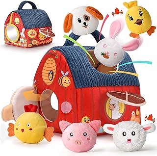 Montessori Baby Toy from 6 - 12 Months - Soft Farm Set with 6 Animals, Rattle & Mirror, Sensory Toy, Educational Toy for Children 1-3 Years, Ideal Christmas & Birthday Gift