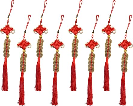 8 Red Strings Chinese New Year Feng Shui Coins Good Luck Charm with Chinese Knot for Good Luck Fortune Wealth Health Success Hanging Decorations